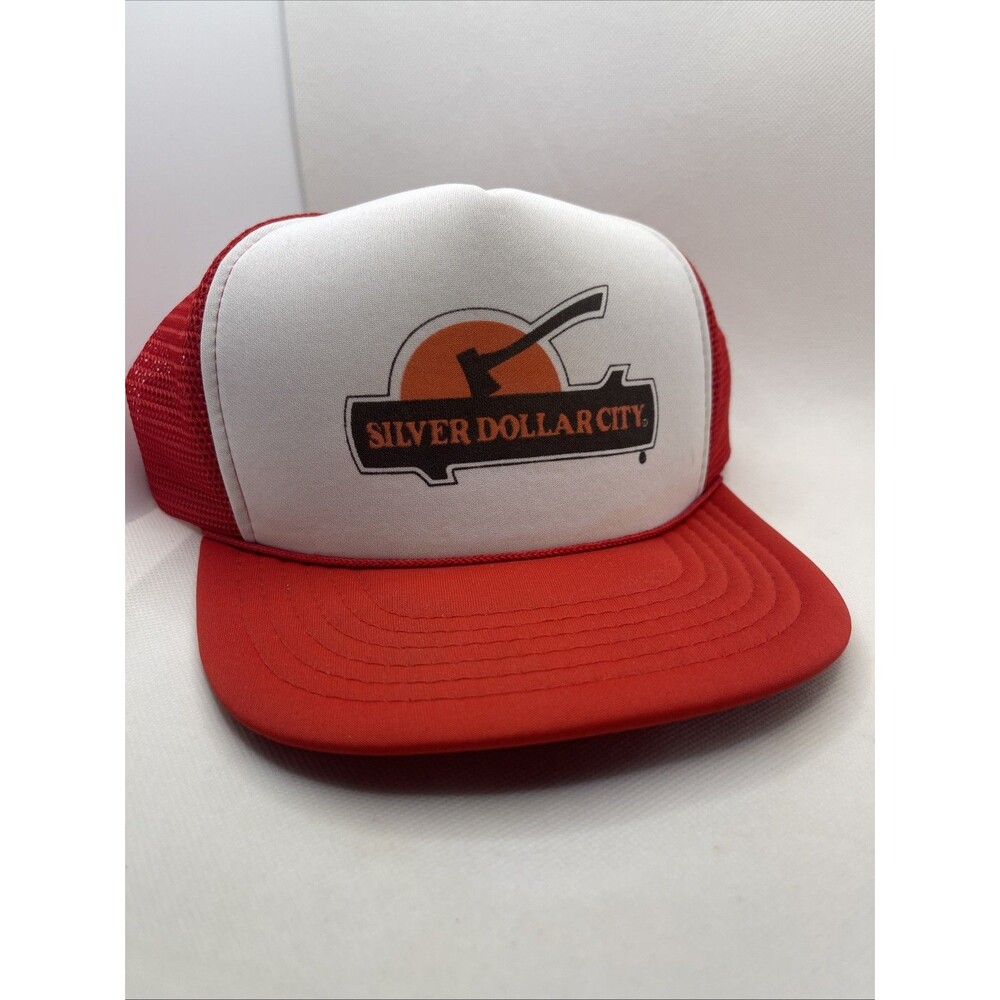 Vintage Silver Dollar City Hat Cap Snap Back HTF Red Trucker Adjustable
